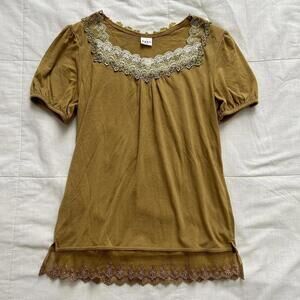 Axes Femme mustard yellow short sleeve tee with lace bib detailing Size medium